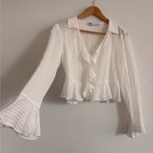 Zara White Ruffle Peplum Blouse Bell Sleeve Cottagecore Top M